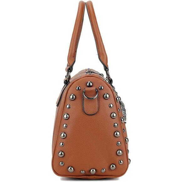 Women's Skull Handbag Large Gothic Shoulder Bag Studded Doctor Bag Brown - Picture 5 of 6